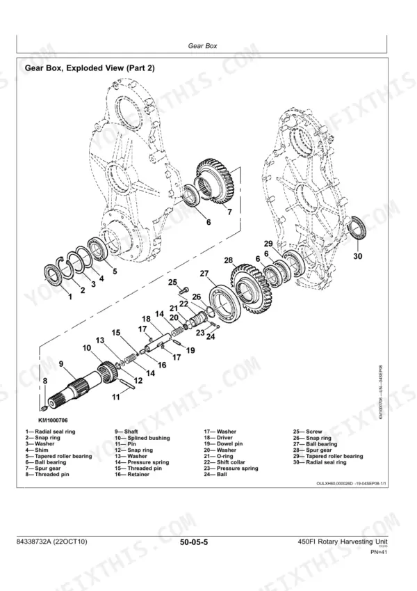 Kemper 450FI gear box exploded view diagram showing shafts, gears, bearings, and seals with a numbered parts list.