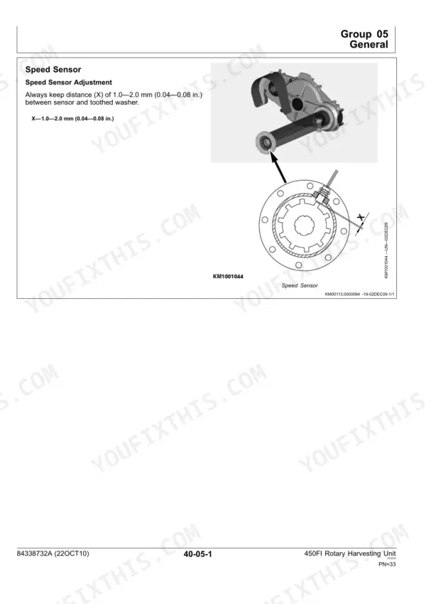 Kemper 450FI speed sensor adjustment diagram showing 1.0-2.0 mm clearance between sensor and toothed washer.