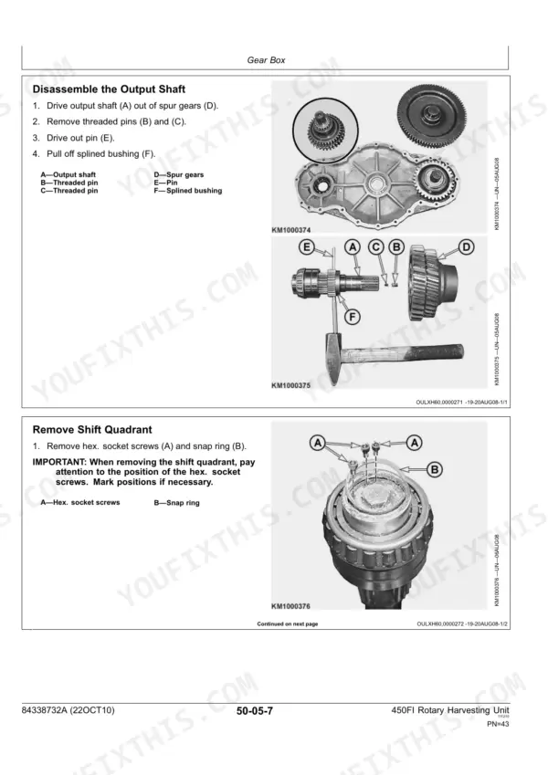 Kemper 450FI gear box procedures: disassemble output shaft and remove shift quadrant with component diagrams.