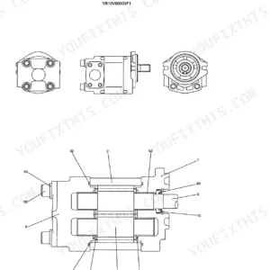 Kobelco ED150 gear pump assembly exploded view for extra and breaker hydraulic system, part number YB10V00003F1.