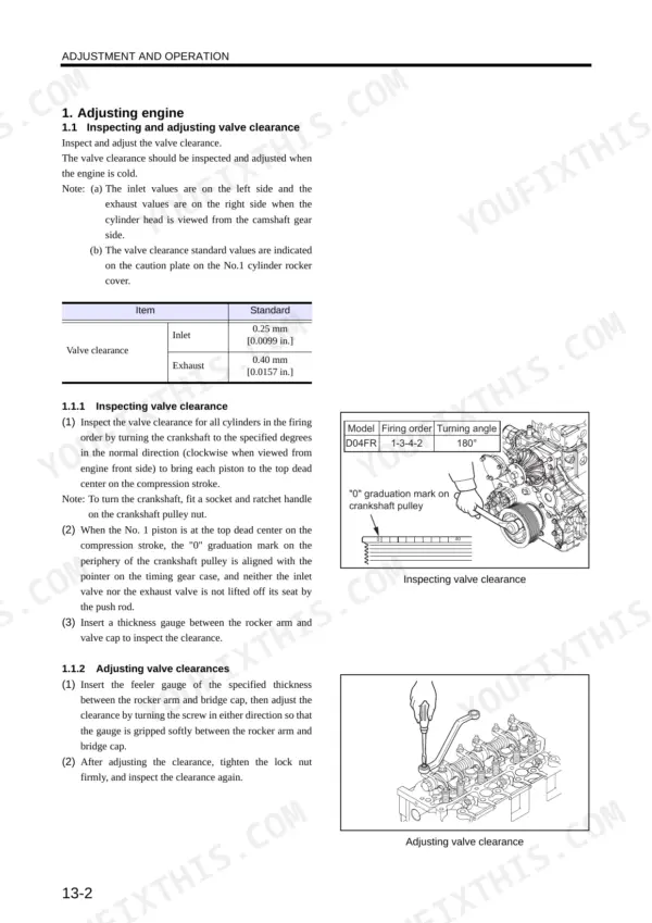 Kobelco ED150 excavator dozer engine valve clearance inspection and adjustment procedure