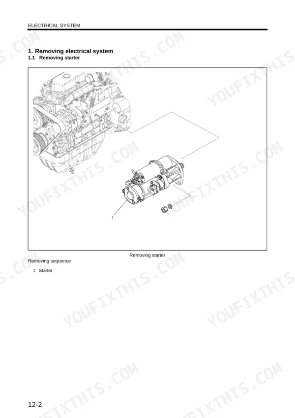 Kobelco ED150 excavator dozer engine starter removal illustration