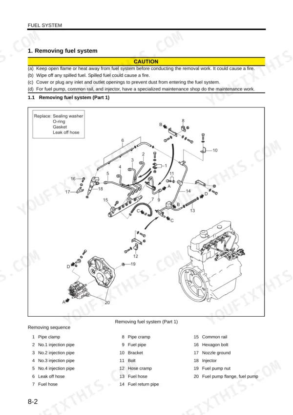 Kobelco ED150 excavator dozer fuel system removal exploded view with common rail and injection pipes