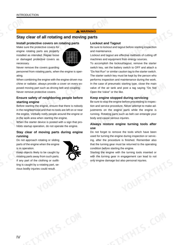 Kobelco ED150 excavator dozer engine safety warnings for rotating parts and lockout tagout
