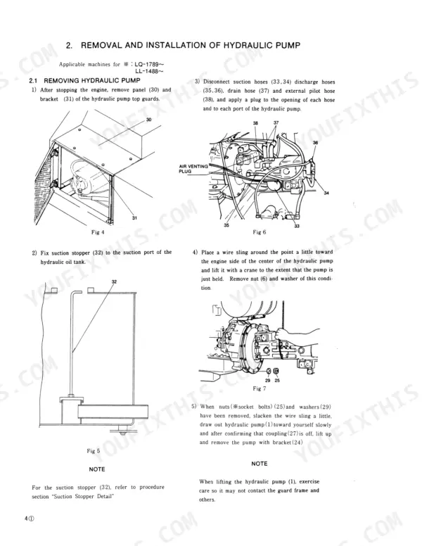 Kobelco K909-II, K909LC-II hydraulic pump removal procedure diagrams showing hose disconnection, suction stopper, and lifting steps.