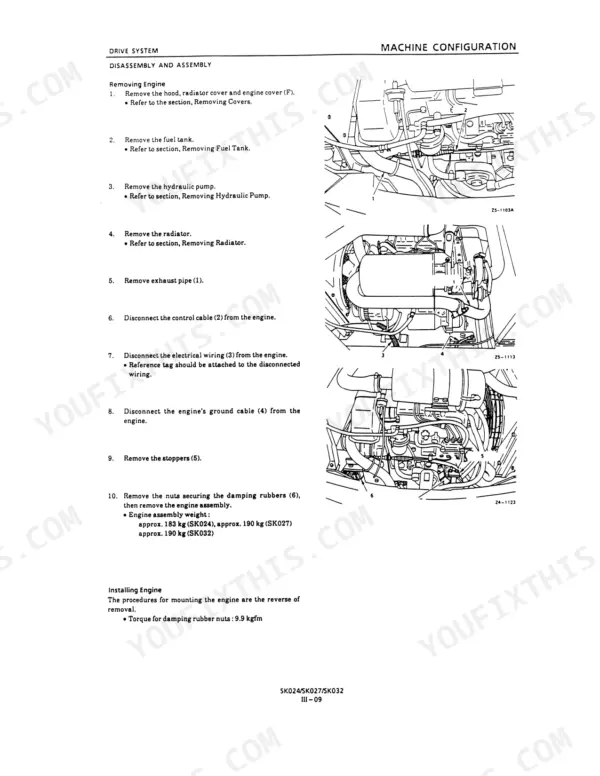 Kobelco SK024, SK027, SK032 engine removal and installation procedure with component diagrams and engine weight specifications.