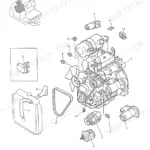 Kobelco SK025-2 engine assembly exploded view showing alternator, starter motor, radiator, fan belt, and sensors.