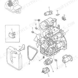 Kobelco SK025-2 engine assembly exploded view showing alternator, starter motor, radiator, fan belt, and sensors.