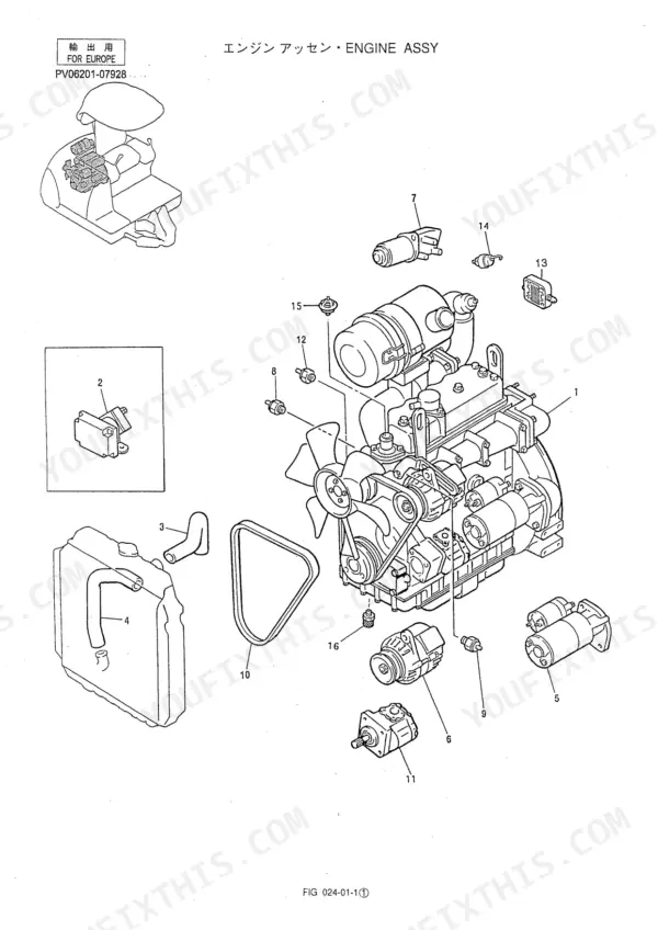 kobelco-sk025-2-hydraulic-excavator-parts-catalog-s4pv1007-engine-parts-27.webp Kobelco SK025-2 engine assembly exploded view showing alternator, starter motor, radiator, fan belt, and sensors.