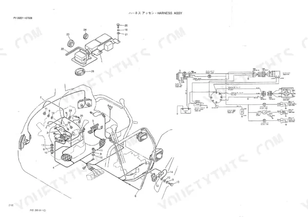 Kobelco SK025-2 harness assy exploded view and electrical wiring diagram showing battery, starter motor, and fuse components.