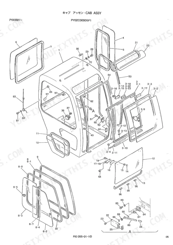 Kobelco SK045-2 exploded view diagram of cab assembly, including windows, door components, seals, and mounting hardware.