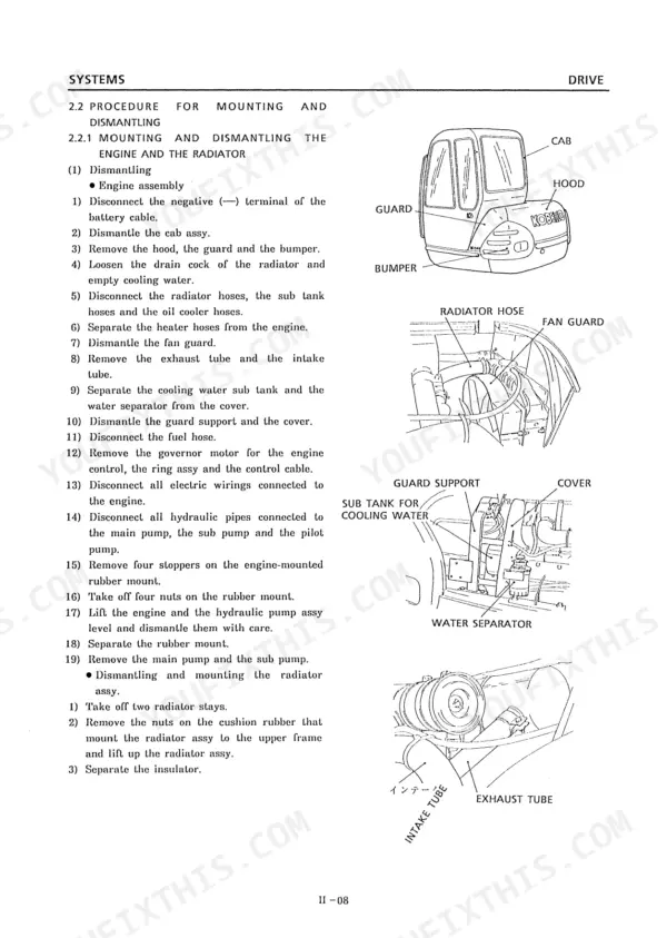 Kobelco SK045, SK050 procedure for mounting and dismantling the engine and radiator assembly with component diagrams.