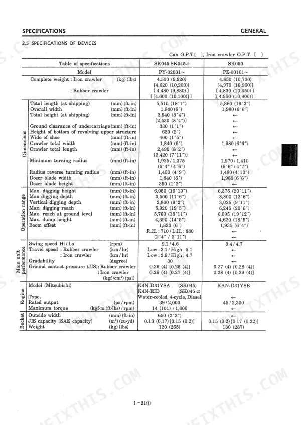 Kobelco SK045, SK050 technical specifications table including dimensions, performance, engine, and bucket data.