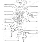 Kobelco SK09SR exploded view diagram of the engine cylinder block, including main bearings, caps, and bolts.