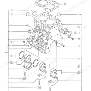Kobelco SK09SR exploded view diagram of the engine cylinder block, including main bearings, caps, and bolts.