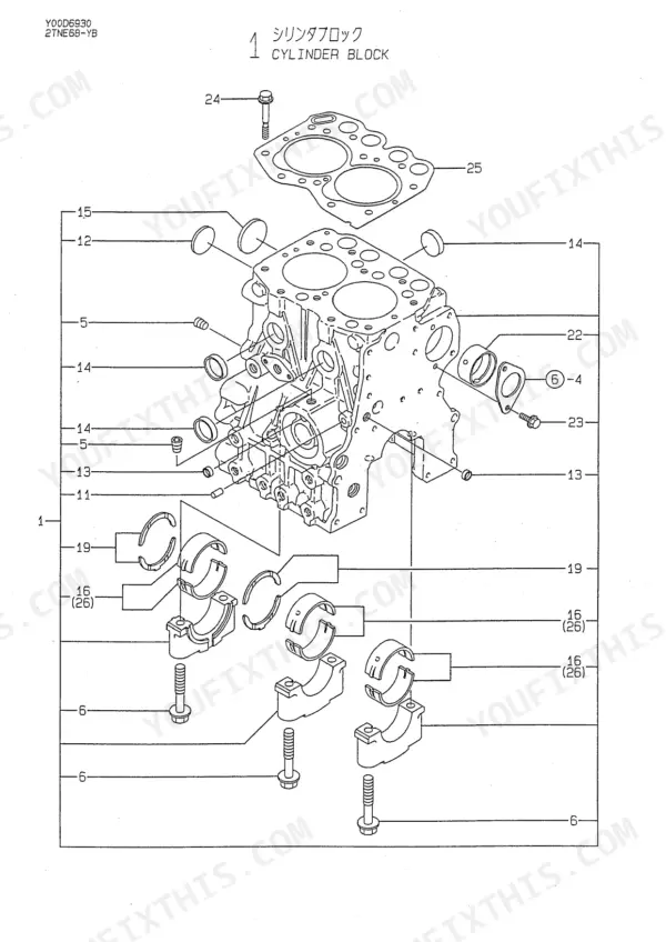 kobelco-sk09sr-crawler-excavator-parts-catalog-s3pa00001ze02-engine-parts-278.webp Kobelco SK09SR exploded view diagram of the engine cylinder block, including main bearings, caps, and bolts.