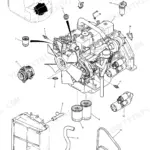Kobelco SK115SR-1E, SK115SRL-1E engine assembly exploded view showing alternator, starter, oil filters, and radiator components.