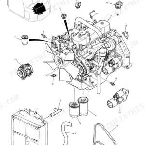 Kobelco SK115SR-1E, SK115SRL-1E engine assembly exploded view showing alternator, starter, oil filters, and radiator components.