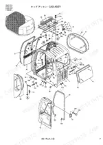 kobelco-sk135sr-sk135srl-sk135srlc-hydraulic-excavator-parts-catalog-s3yy00003ze04-cab-parts-154.webp Kobelco SK135SR, SK135SRL, SK135SRLC exploded view diagram of cab assembly components, including glass, seals, and mounting hardware.