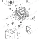 Kobelco SK135SR, SK135SRL, SK135SRLC exploded view of engine assembly, including alternator, oil filters, radiator hoses, and belts.