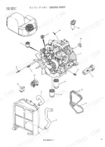 kobelco-sk135sr-sk135srl-sk135srlc-hydraulic-excavator-parts-catalog-s3yy00003ze04-engine-parts-38.webp Kobelco SK135SR, SK135SRL, SK135SRLC exploded view of engine assembly, including alternator, oil filters, radiator hoses, and belts.