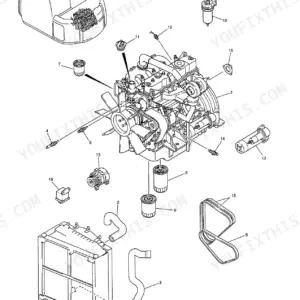 Kobelco SK135SR, SK135SRL, SK135SRLC exploded view of engine assembly, including alternator, oil filters, radiator hoses, and belts.