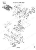 Kobelco SK13SR lower group exploded view showing track frame, swing bearing, travel motors, and hardware components.