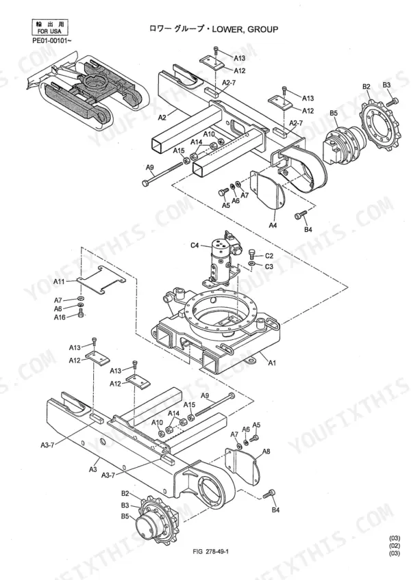 Kobelco SK13SR lower group exploded view showing track frame, swing bearing, travel motors, and hardware components.