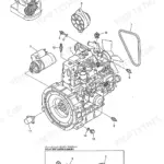 Kobelco SK13SR engine assembly exploded view showing starter, alternator, fan belt, and relay unit components.