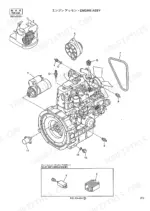 Kobelco SK13SR engine assembly exploded view showing starter, alternator, fan belt, and relay unit components.