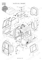 Kobelco SK200-6, SK200LC-6, SK210-6, SK210LC-6, SK210NLC-6 exploded view diagram of the operator cab assembly and glass components.