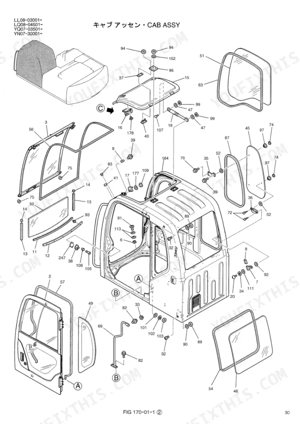 Kobelco SK200-6, SK200LC-6, SK210-6, SK210LC-6, SK210NLC-6 exploded view diagram of the operator cab assembly and glass components.