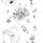 Kobelco SK200-6, SK210-6 Engine Assy exploded view showing radiator, alternator, starter, fuel filter, and drive belts.