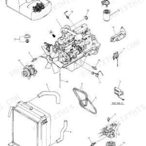 Kobelco SK200-6, SK210-6 Engine Assy exploded view showing radiator, alternator, starter, fuel filter, and drive belts.