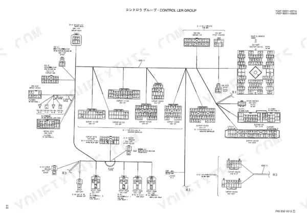 Kobelco SK200-6, SK200LC-6, SK210-6, SK210LC-6, SK210NLC-6 controller group wiring diagram showing connectors, relays, and fuse box.