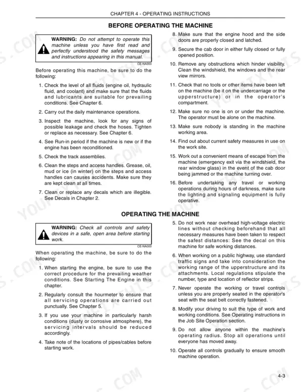 Kobelco SK210-8 operator manual page detailing pre-operation safety checks and machine operating procedures.