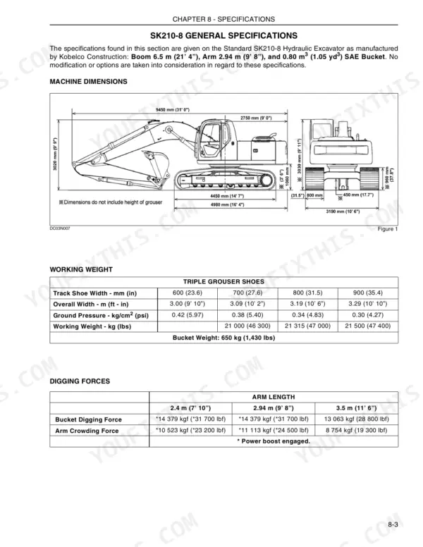 Kobelco SK210-8 specifications page showing machine dimensions diagram, working weight table, and digging forces table.