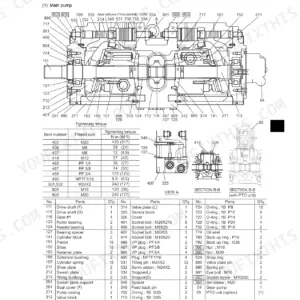 Kobelco SK210-8, Acera Mark 8 main hydraulic pump exploded view, tightening torque table, and parts list.