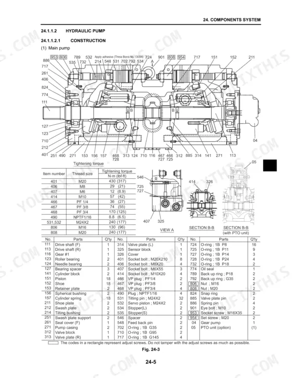kobelco-sk210-8-excavator-shop-manual-yn91zu0007p1-na-exploded-view-257.webp Kobelco SK210-8, Acera Mark 8 main hydraulic pump exploded view, tightening torque table, and parts list.