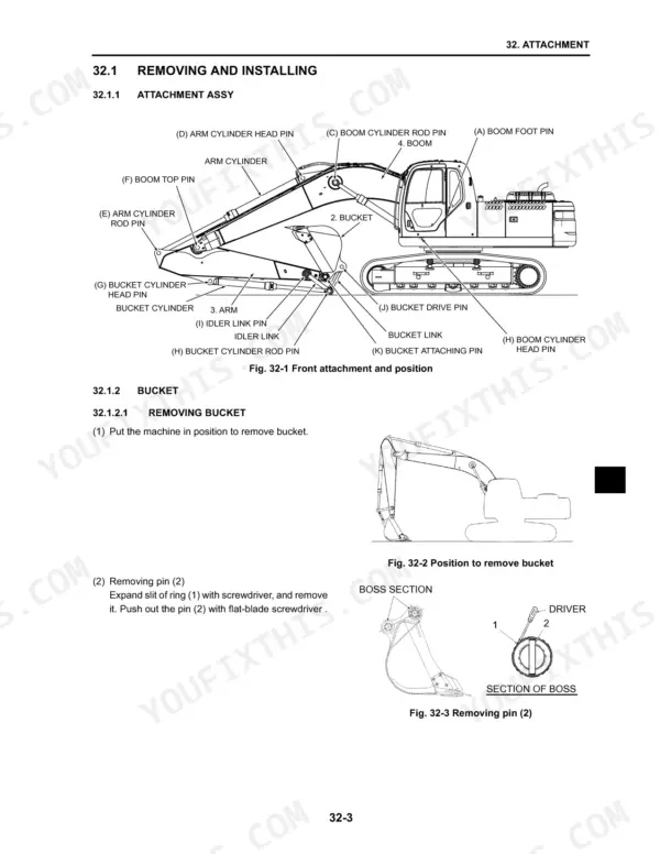 Kobelco SK210-8, Acera Mark 8 manual showing front attachment pin locations and bucket removal procedures with diagrams.