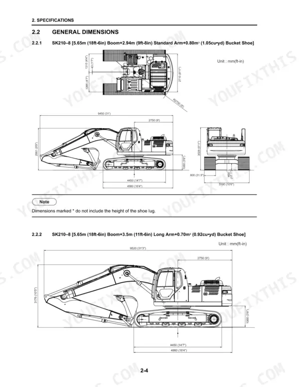 Kobelco SK210-8, Acera Mark 8 general dimensions diagram showing standard and long arm configurations with bucket specs.