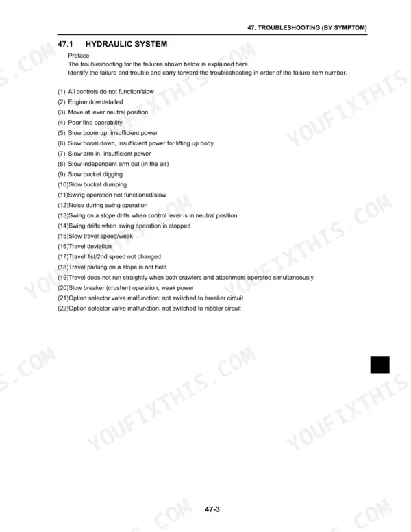 Kobelco SK210-8, Acera Mark 8 hydraulic system troubleshooting list of 22 common symptoms and failure modes.