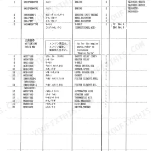 Kobelco SK210 Mark IV, SK210LC Mark IV parts list table for Engine Assembly components and accessories.