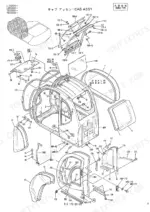 kobelco-sk220-sk220lc-hydraulic-excavator-parts-catalog-s3lq1046-cab-parts-104.webp Kobelco SK220, SK220LC, SK220v, SK220LCv exploded view diagram of the round type cab assembly and glass components.