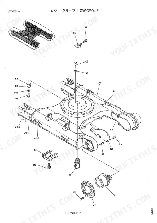 Kobelco SK220, SK220LC, SK220v, SK220LCv exploded view of lower frame group, track frame, and travel motor components.