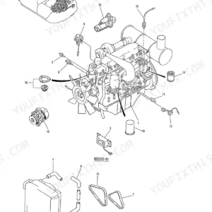 Kobelco SK220, SK220LC, SK220v, SK220LCv engine assembly exploded view showing starter, alternator, filters, and cooling hoses.
