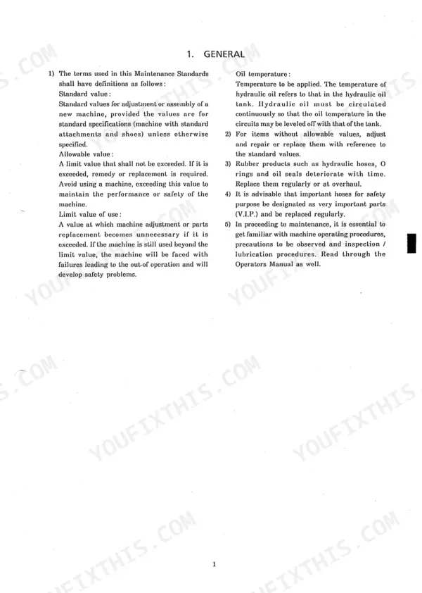 Kobelco SK220, SK220LC maintenance standards definitions for standard, allowable, and limit values for hydraulic components.
