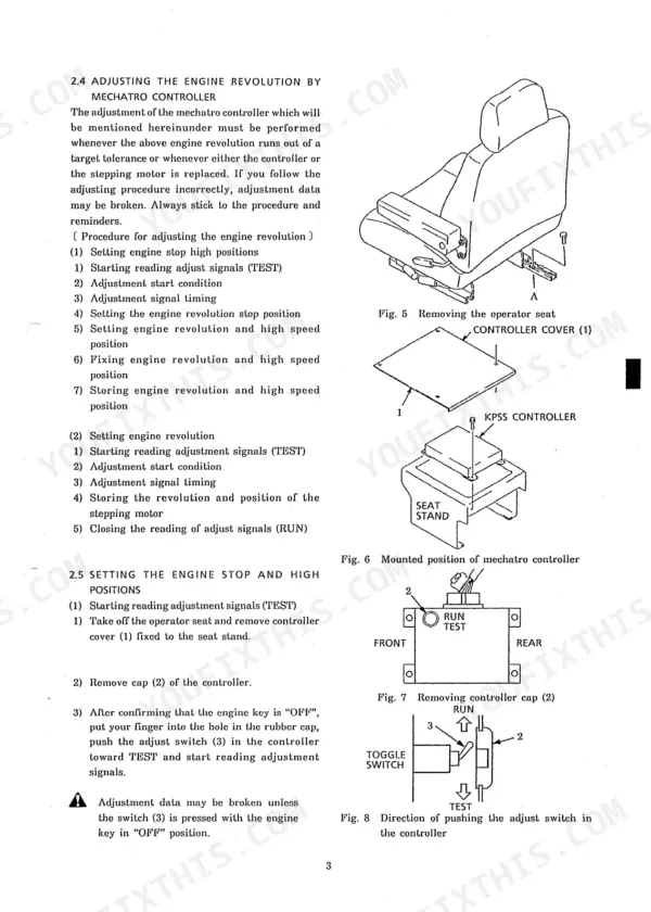 Kobelco SK220, SK220LC procedure for adjusting engine revolution via mechatro controller and seat removal steps.