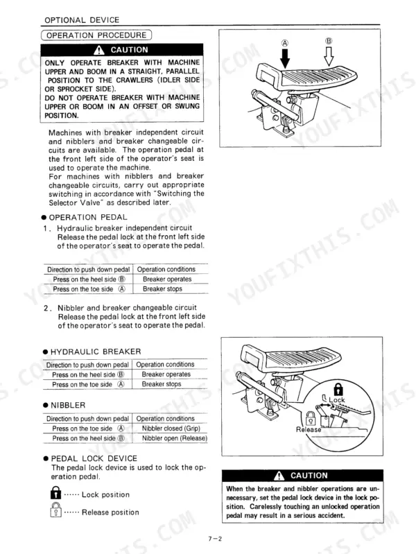 Kobelco SK25SR, SK30SR, SK35SR operation procedure for hydraulic breaker and nibbler pedal and lock device.