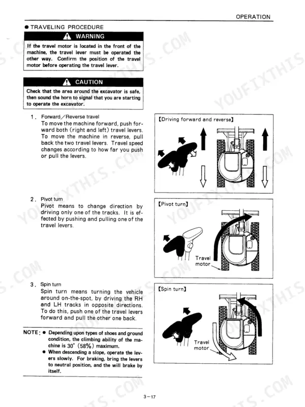Kobelco SK25SR, SK30SR, SK35SR traveling procedure diagrams for forward, reverse, pivot, and spin turn operations.